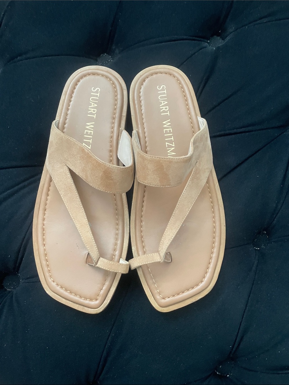 Stuart Weitzman Beige Suede Toe-Loop Sandals